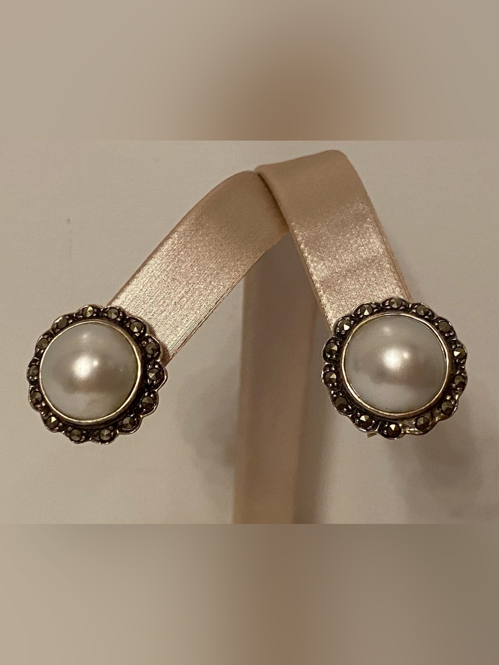 EARRINGS PEARL STERLING SILVER 925 MARCASITE COTTON FLOWER BUDS POST PIEERCED